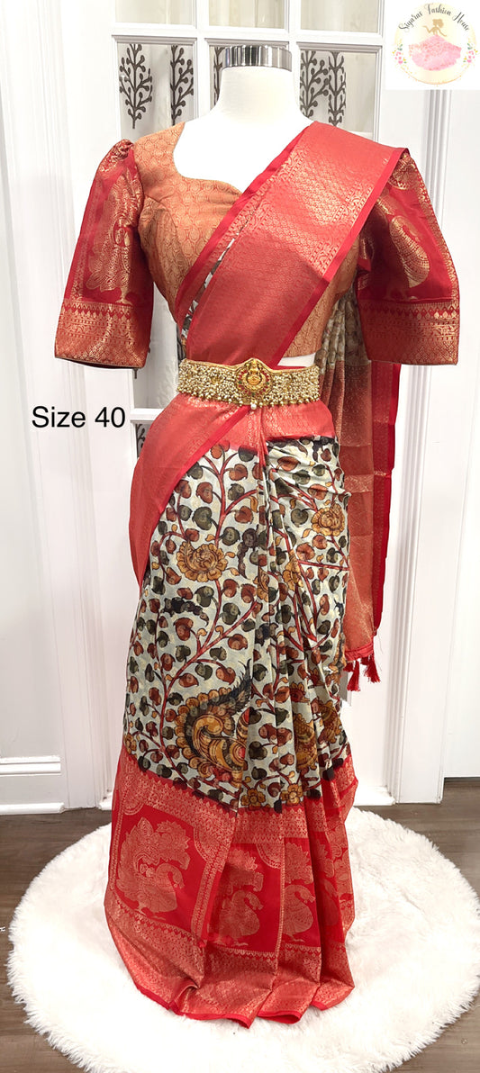 Elegant soft silk Kalamkari Saree with Stitched butti hands Blouse