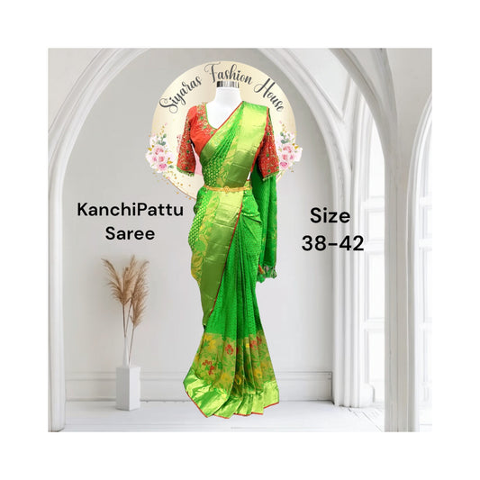 Kanchi pattu saree in festive vibes in bright green and orange shades with heavy Maggam work Blouse size 38 to 42