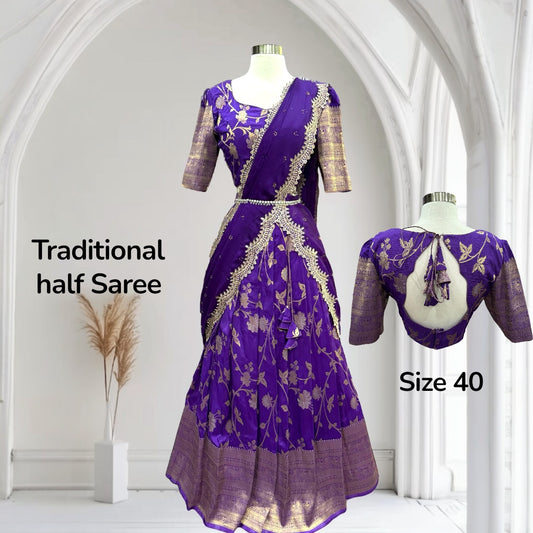 Traditional Purple Half Saree with Golden Zari Work | Elegant Ethnic Wear | Wedding & Festive Outfit | Size 40
