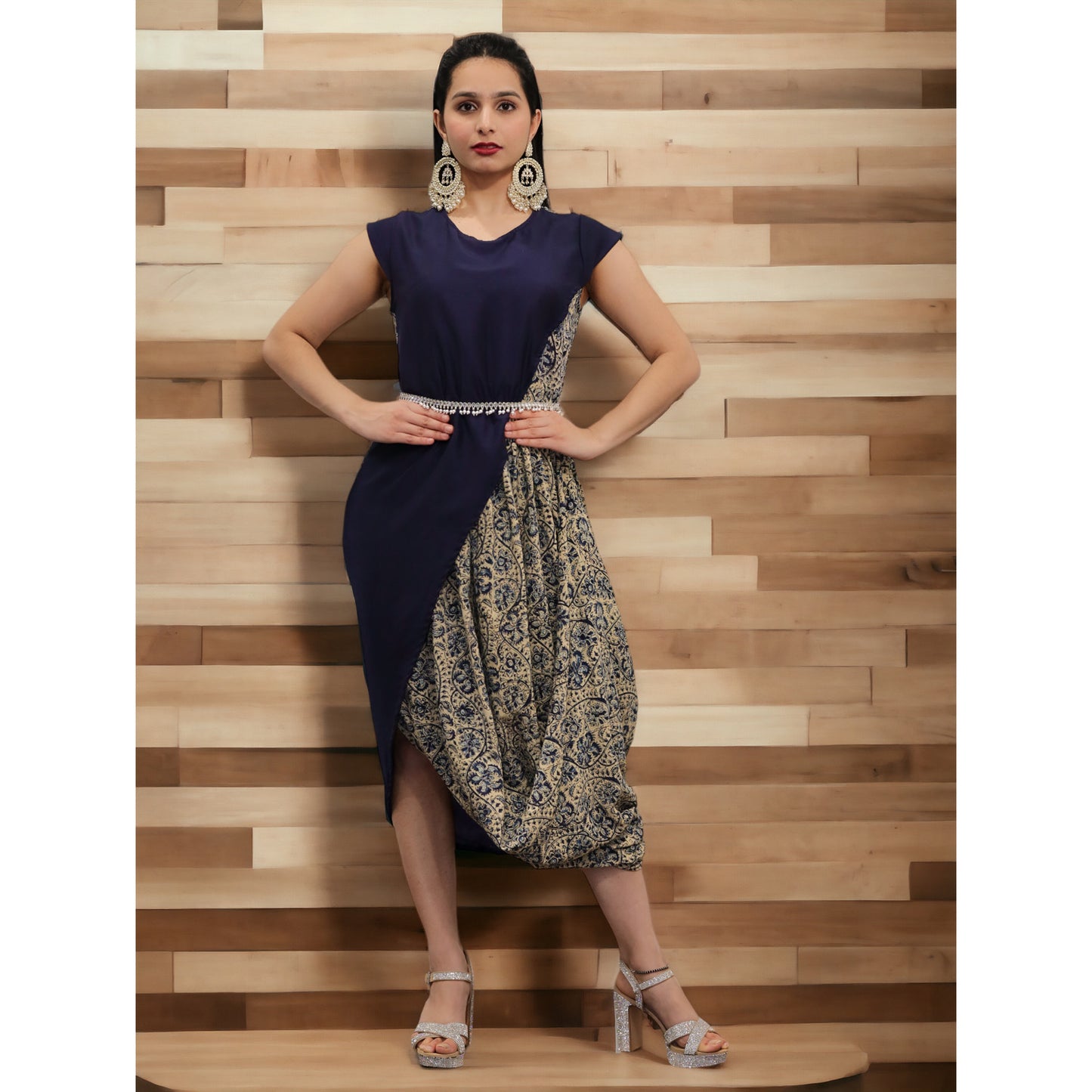 Elegant Cowl pattern drape style dress in modal cotton and exquisite Kalamkari print