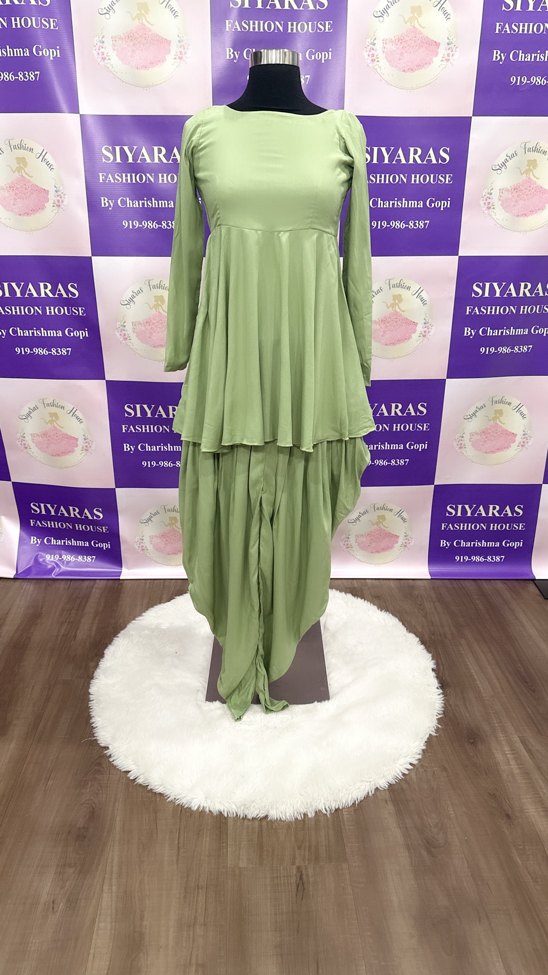 Beautiful Olive green Dhoti Style Dress with peplum top and Kalamkari Jacket Size 32 Beautiful Olive green Dhoti Style Dress with peplum top and Kalamkari Jacket Size 32