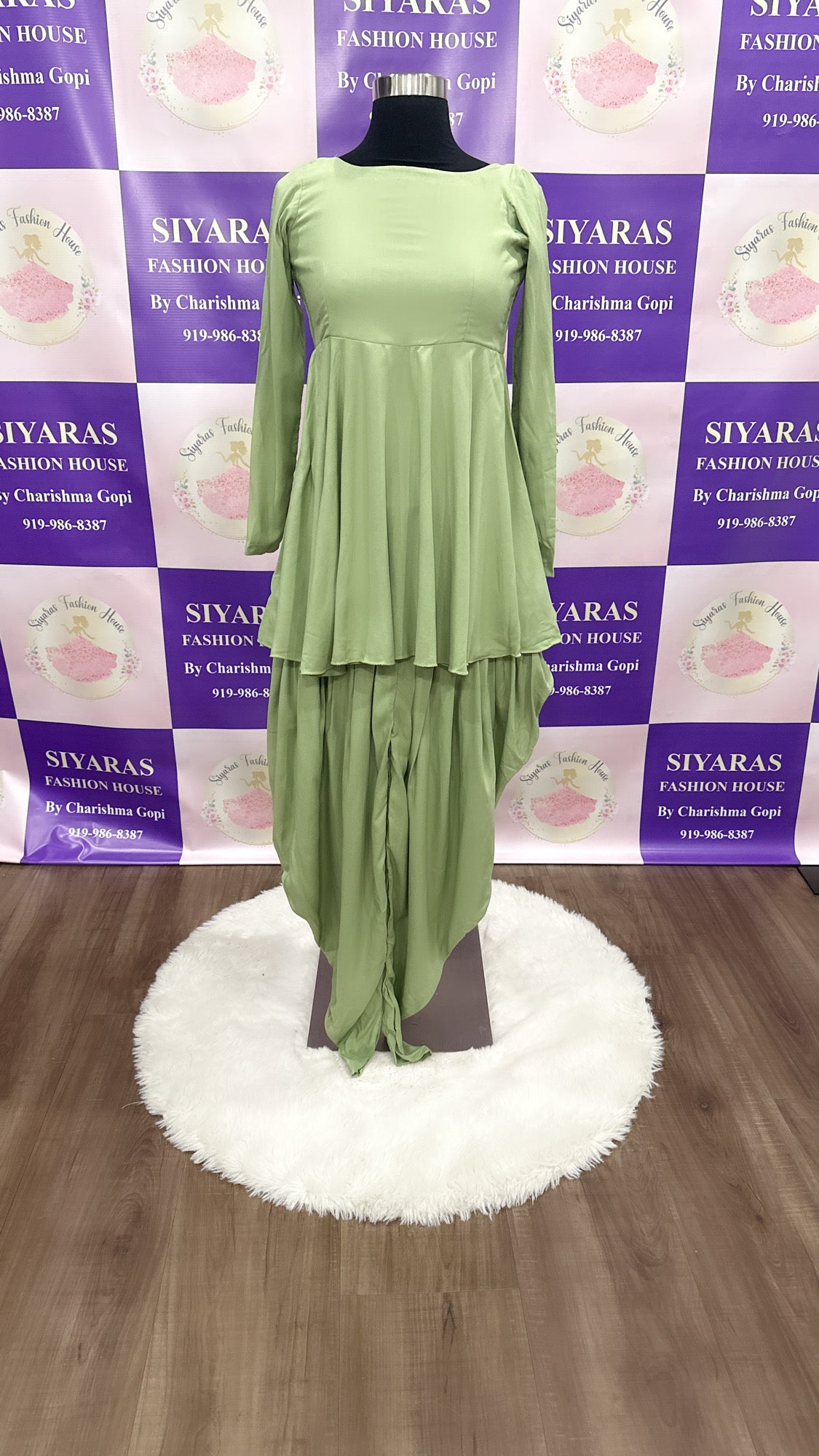 Beautiful Olive green Dhoti  Style Dress with peplum top and Kalamkari Jacket