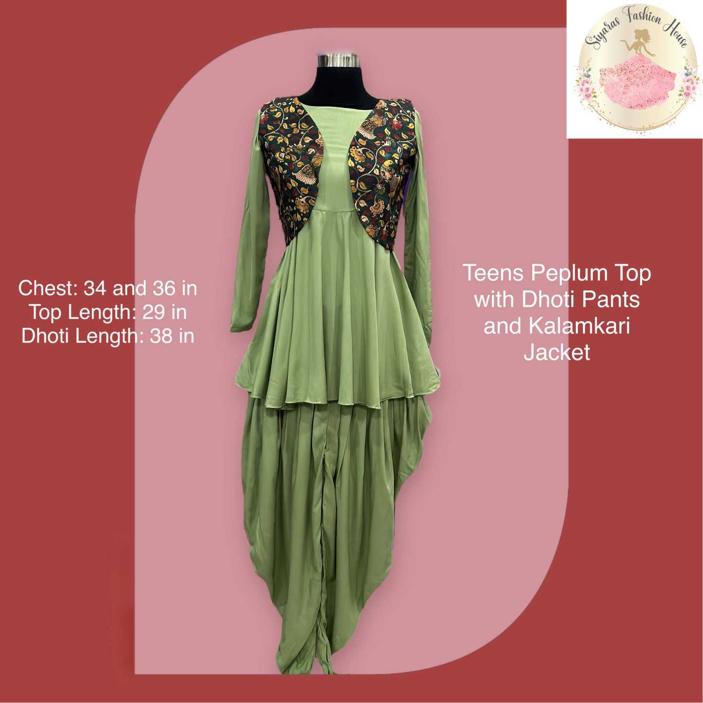 Beautiful Olive Green Dhoti Style Dress with Peplum Top and Kalamkari Jacket Size 32 Beautiful Olive Green Dhoti Style Dress with Peplum Top and Kalamkari Jacket Size 32