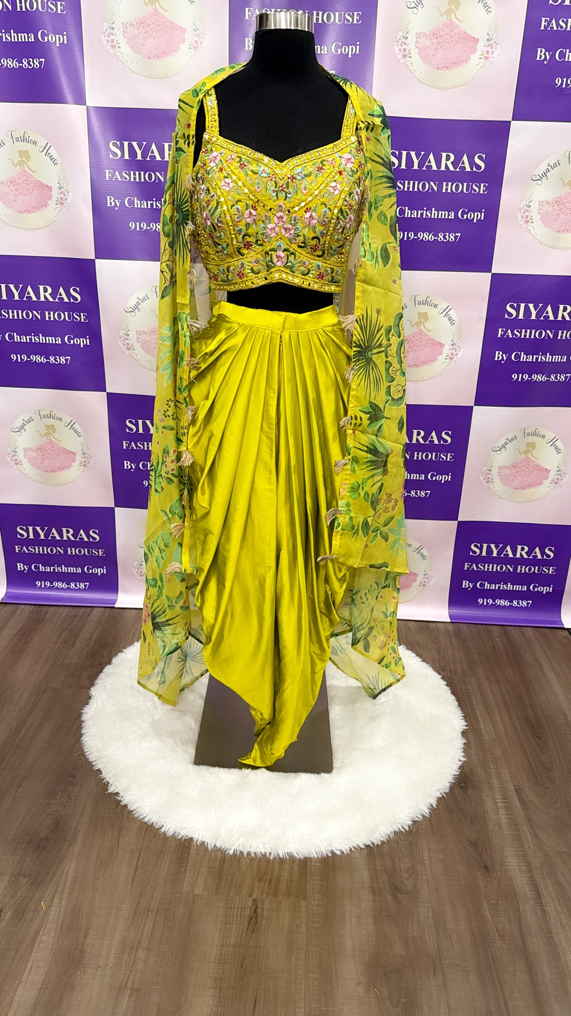 Indo Western dress Party wear Indian Yellow Dhoti Pant with Embroidered Crop Top and Floral Organza Shrug for Haldi and Wedding Events