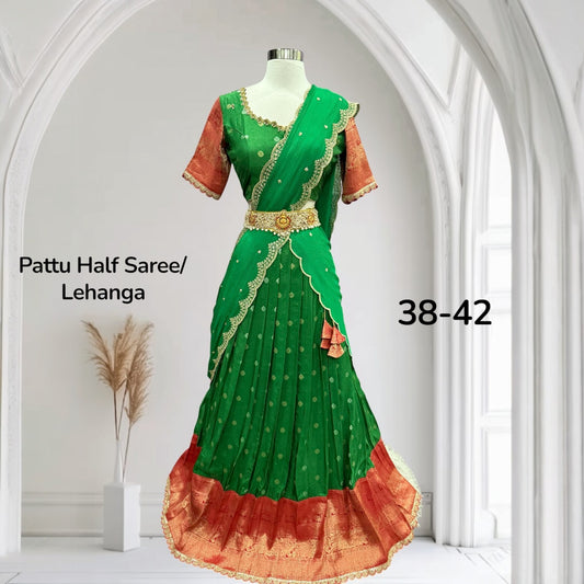 Gorgeous Green half saree with Maggam work blouse size 38-42