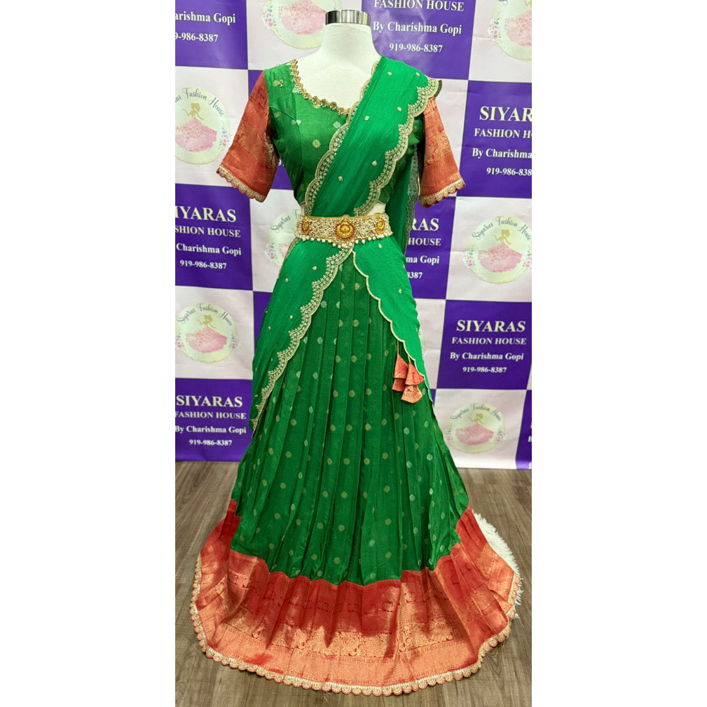 Gorgeous Green half saree with Maggam work blouse size 38-42