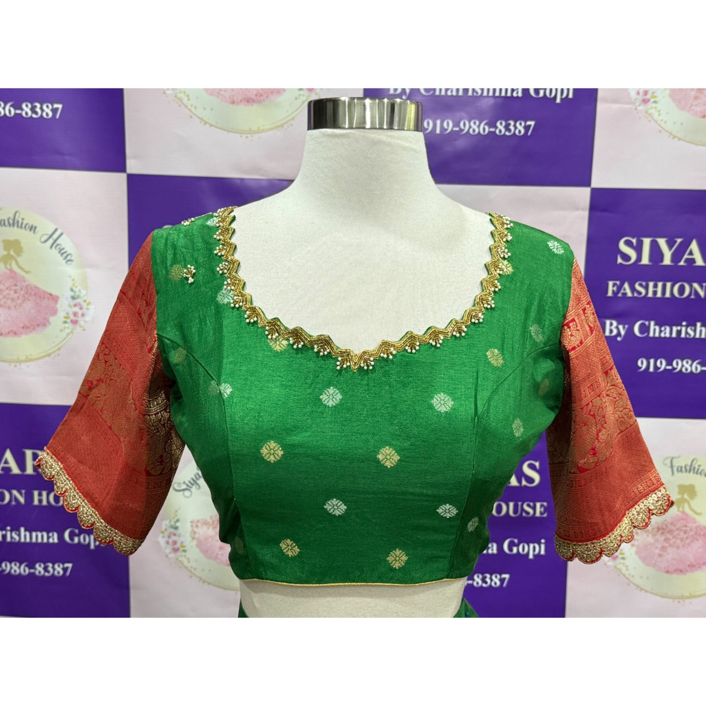 Gorgeous Green half saree with Maggam work blouse size 38-42