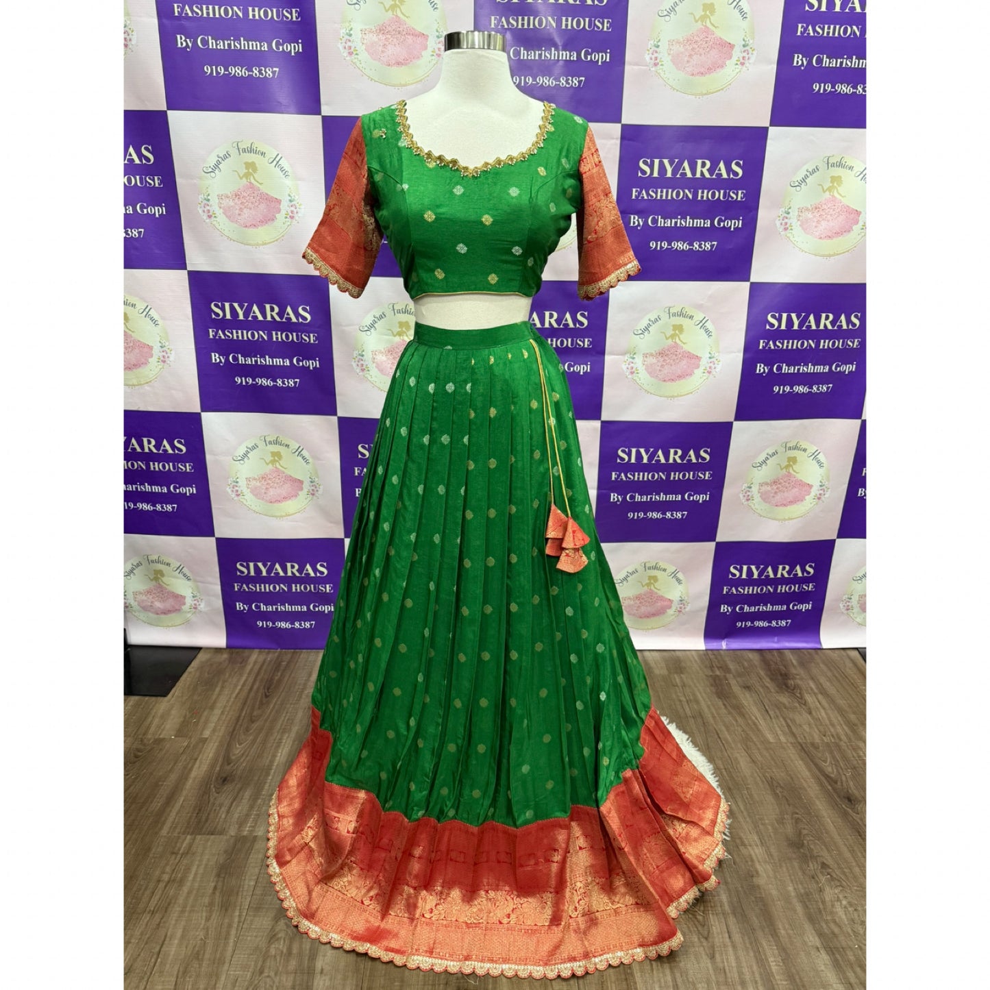 Gorgeous Green half saree with Maggam work blouse size 38-42