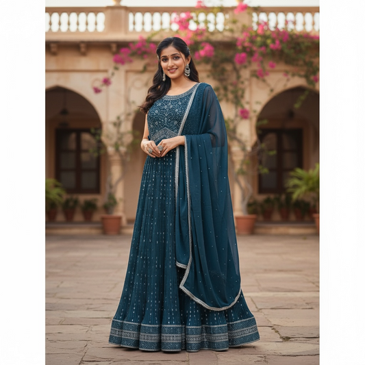 Beautiful deep blue  Anarkali Partywear long gown set 2 pc set handwork and mirror work in soft Georgette flowy  size 44 length 59