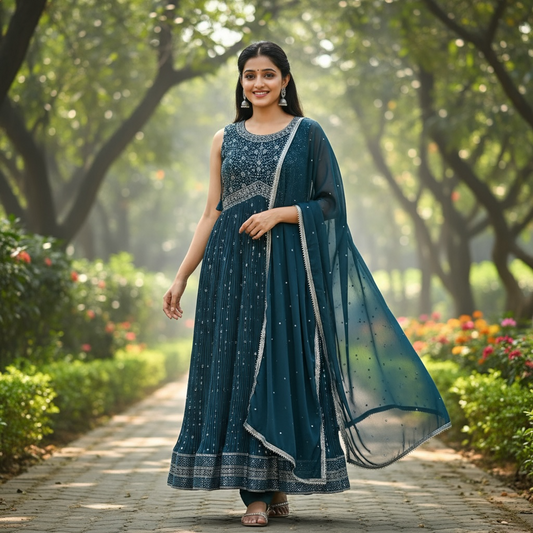 Beautiful deep blue  Anarkali Partywear long gown set 2 pc set handwork and mirror work in soft Georgette flowy  size 44 length 59
