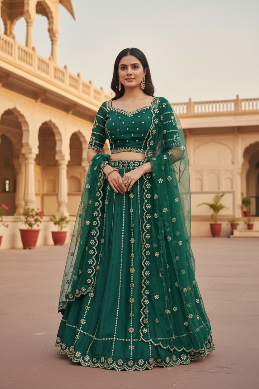 Elegant Green Silk Lehenga Choli – Mehendi & Wedding Partywear | Fully Stitched | Size 38 | Ready to Ship USA