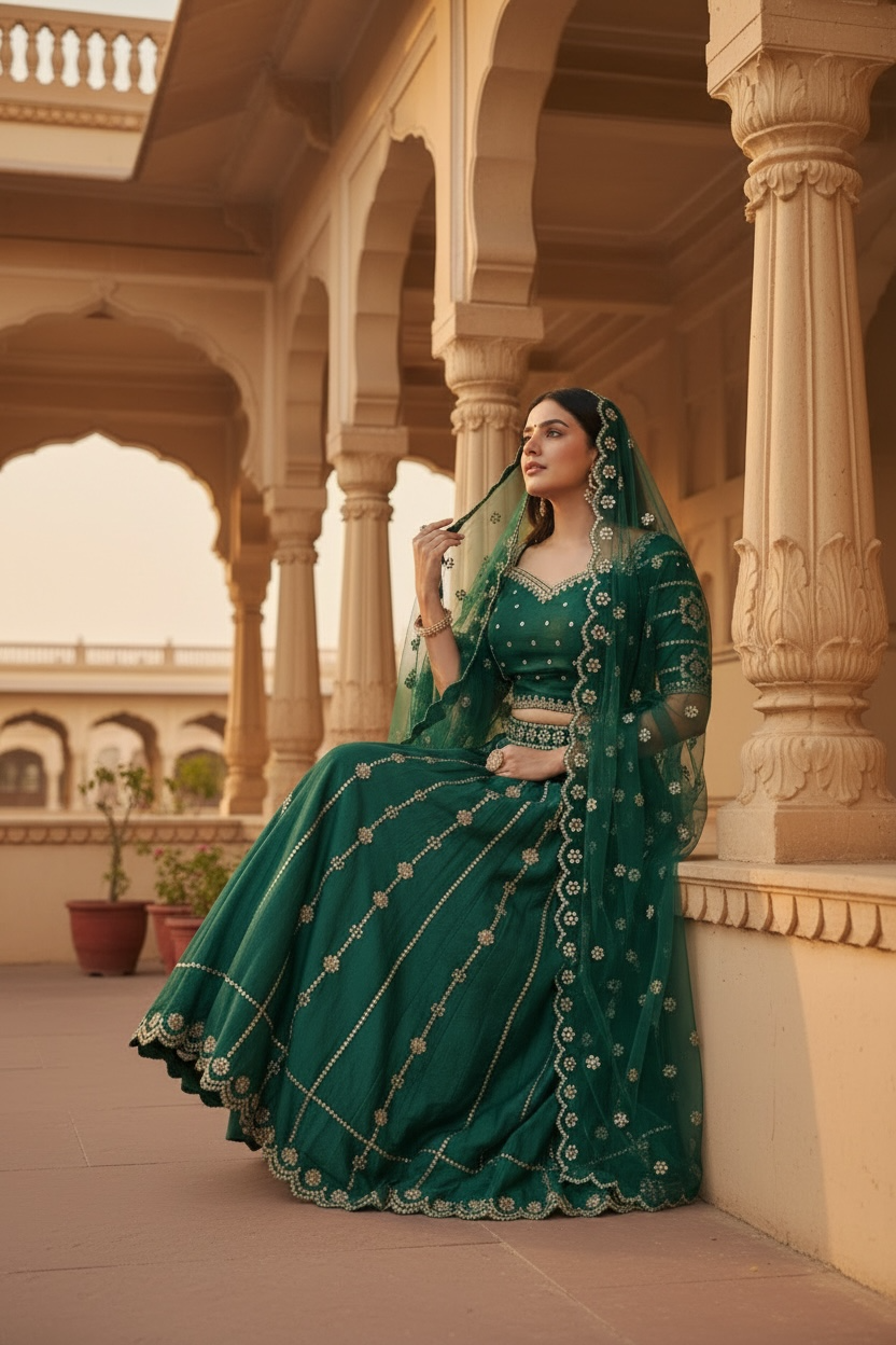 Elegant Green Silk Lehenga Choli – Mehendi & Wedding Partywear | Fully Stitched | Size 38 | Ready to Ship USA