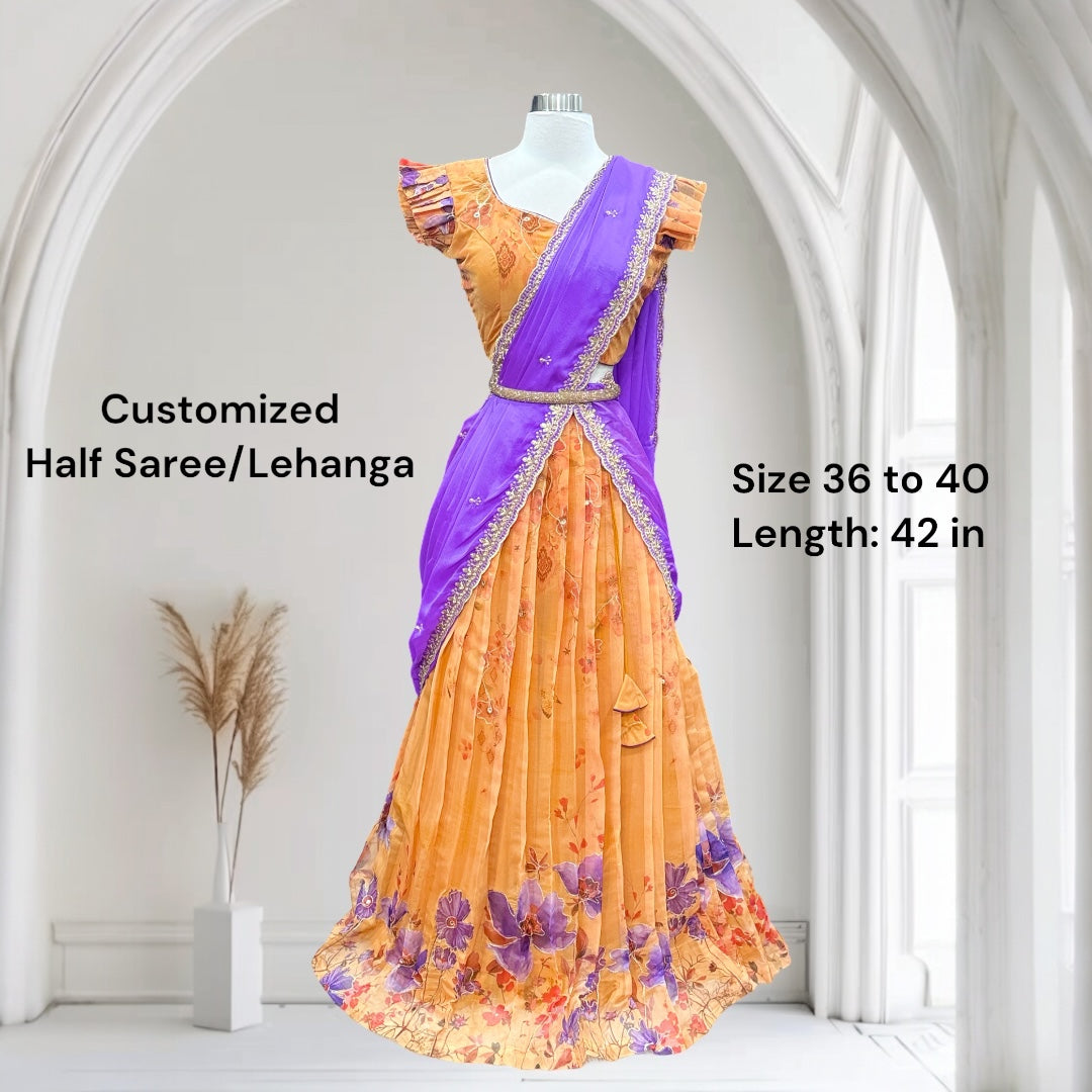 Customized Organza Lehenga / Half Saree in Orange and Purple | Floral Partywear Lehenga | size 36 to 40  | Ready to Ship from USA |