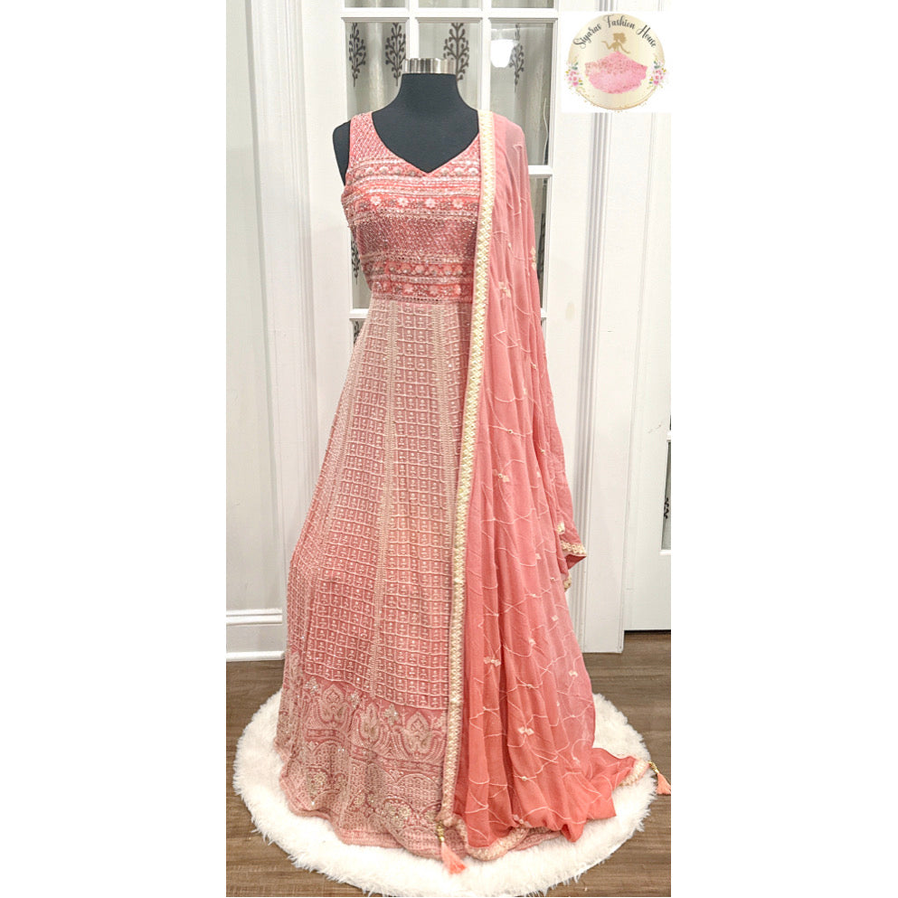 Dazzling PartyWear Gown V neck embroidered and work yoke Georgette Long Gown