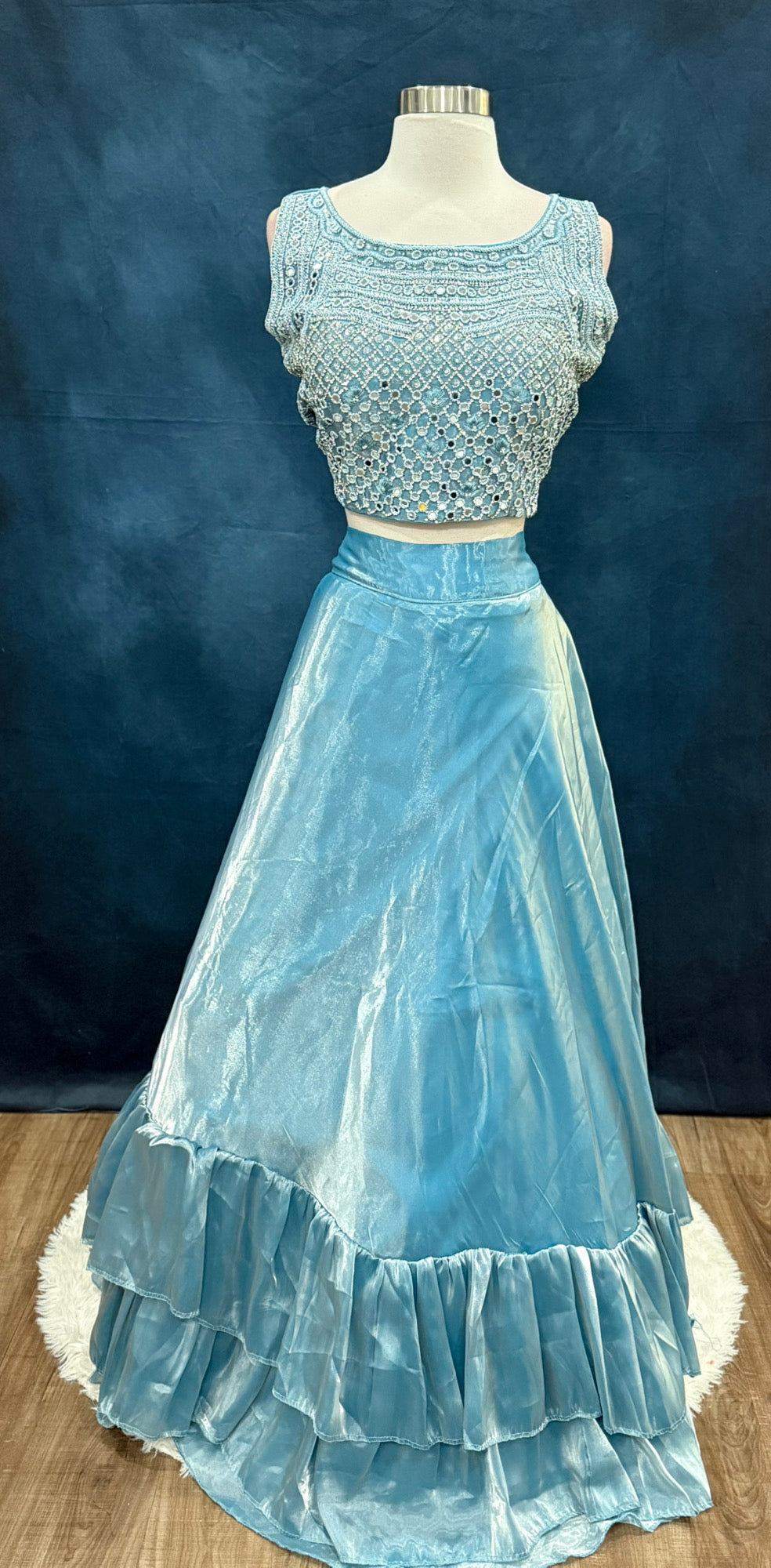 Sky Blue Organza Ruffle Lehenga Set | Mirror Work Crop Top | Size XL 42 | Ready to Wear Indian Outfit | Partywear | Wedding Guest Dress