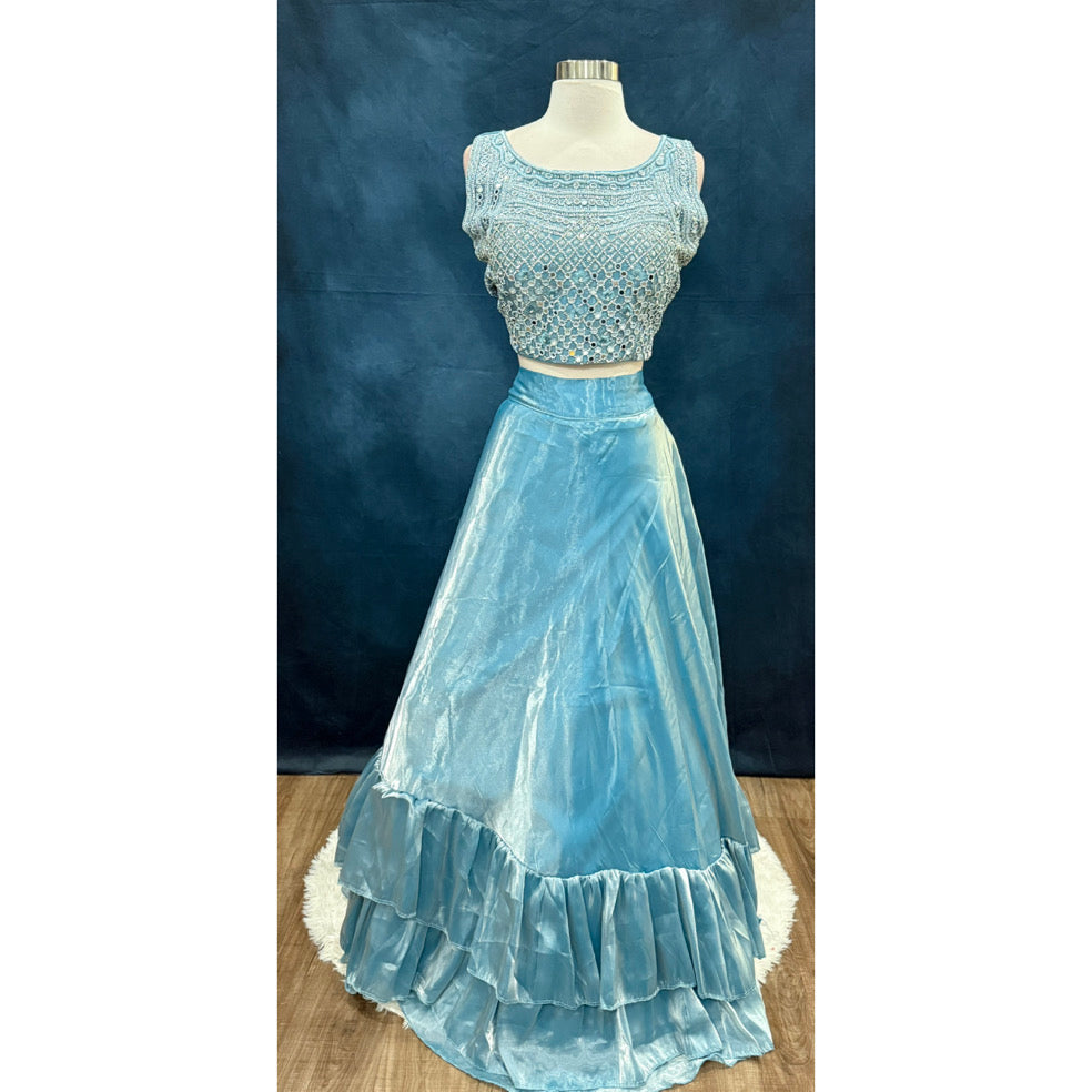 Sky Blue Organza Ruffle Lehenga Set | Mirror Work Crop Top | Size XL 42 | Ready to Wear Indian Outfit | Partywear | Wedding Guest Dress