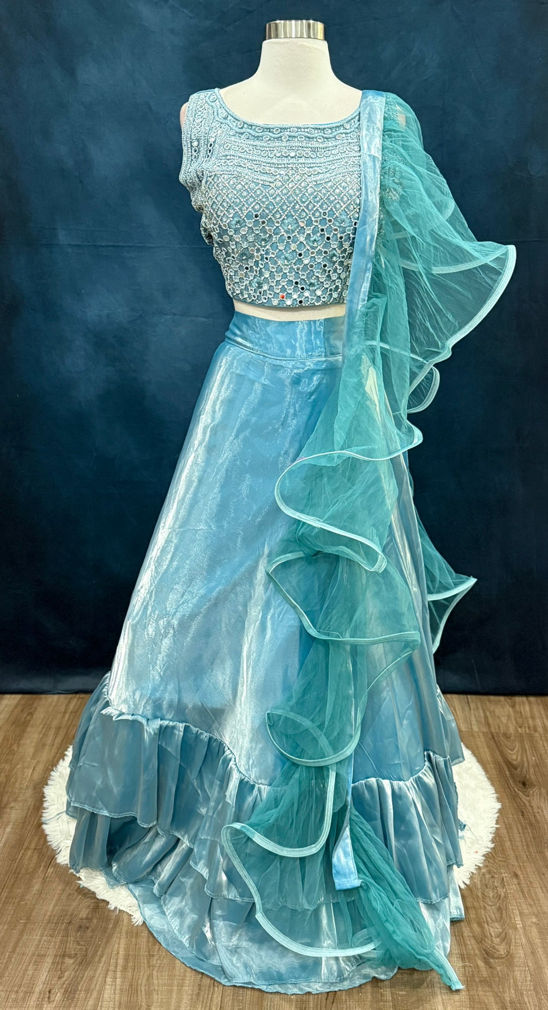 Sky Blue Organza Ruffle Lehenga Set | Mirror Work Crop Top | Size XL 42 | Ready to Wear Indian Outfit | Partywear | Wedding Guest Dress