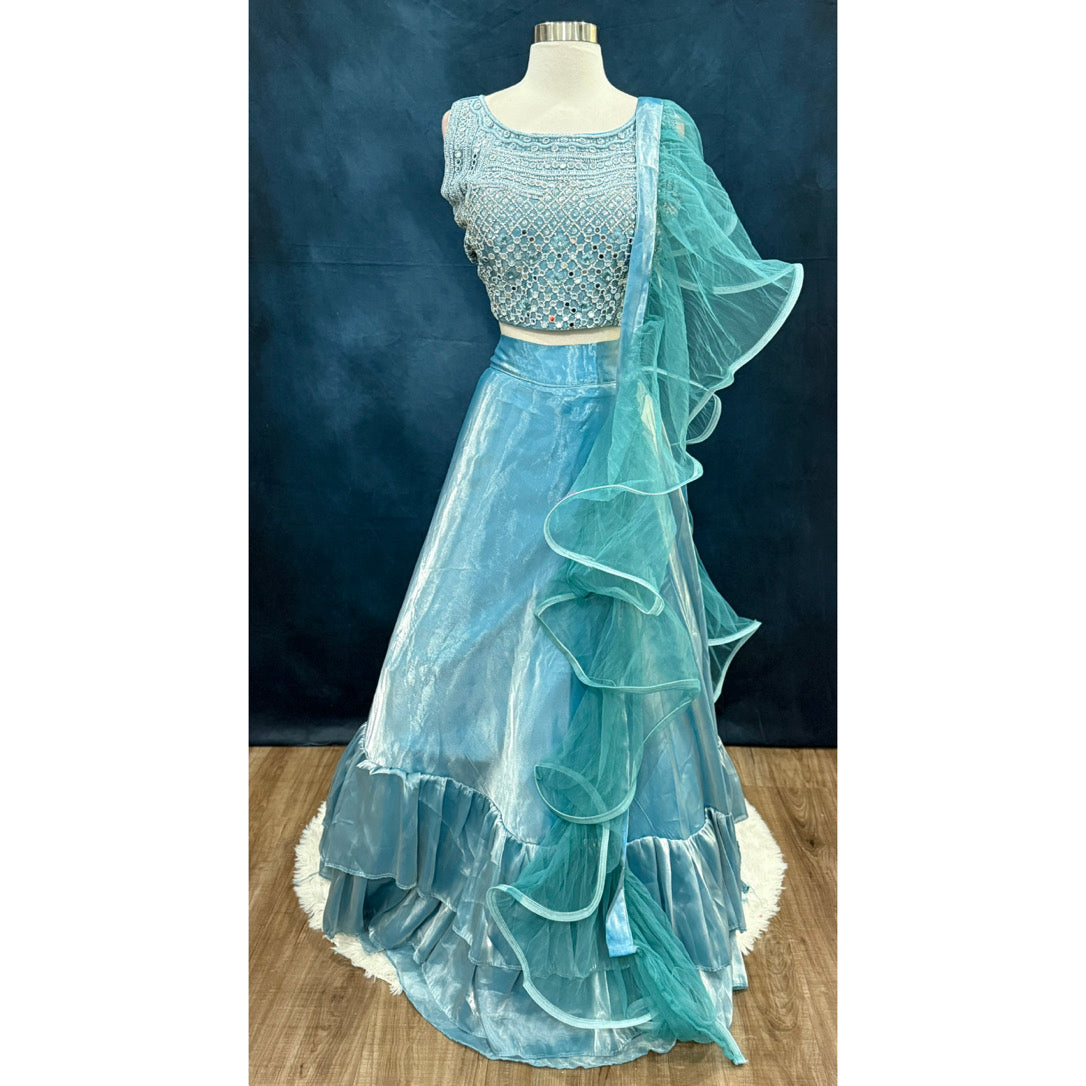 Sky Blue Organza Ruffle Lehenga Set | Mirror Work Crop Top | Size XL 42 | Ready to Wear Indian Outfit | Partywear | Wedding Guest Dress