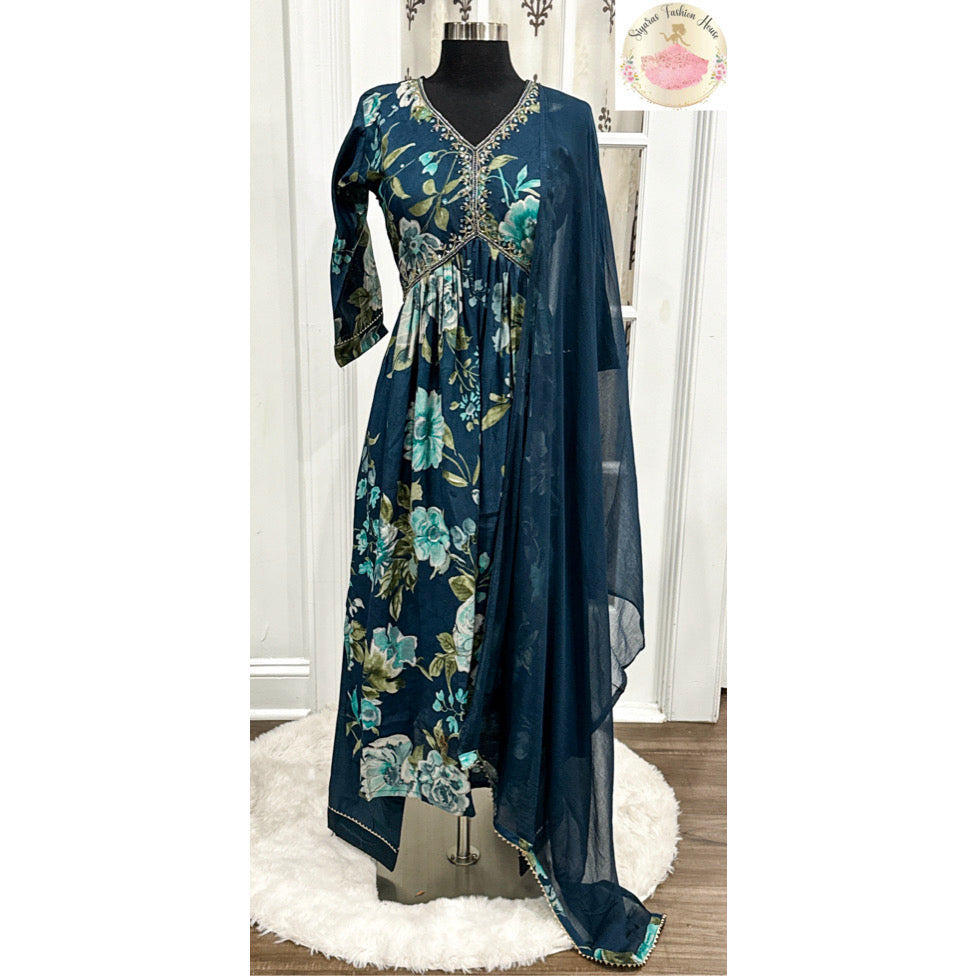 Trendy Alia cut 3 pc suit set in floral prints  pure muslin Fabric