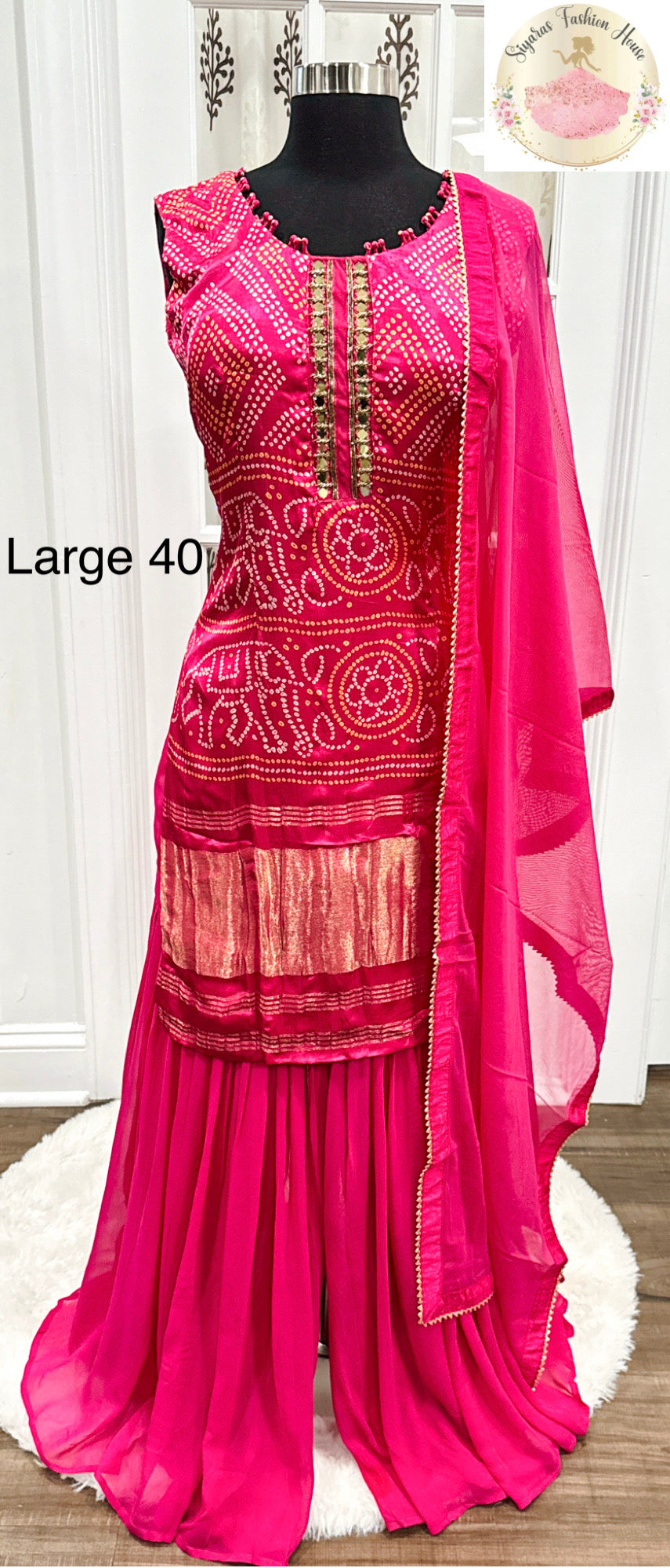 Chic Fuschia pink Sharara set in Pure Gajji silk Fabric with mirror work.