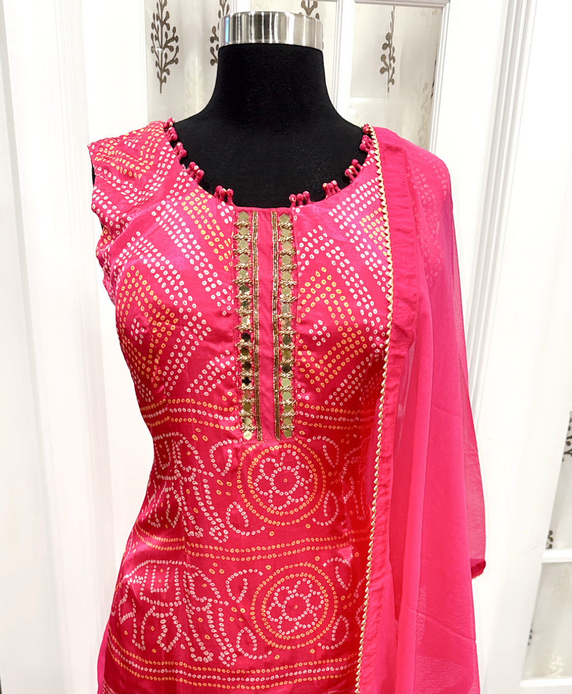 Chic Fuschia pink Sharara set in Pure Gajji silk Fabric with mirror work.