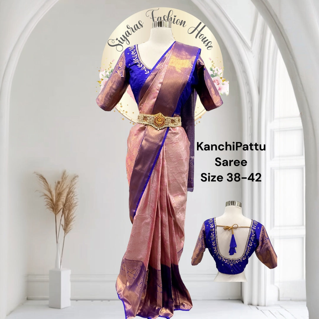 Traditional Kanchipuram pattu saree in pink and navy blue hues with work blouse stitched size 38-42.