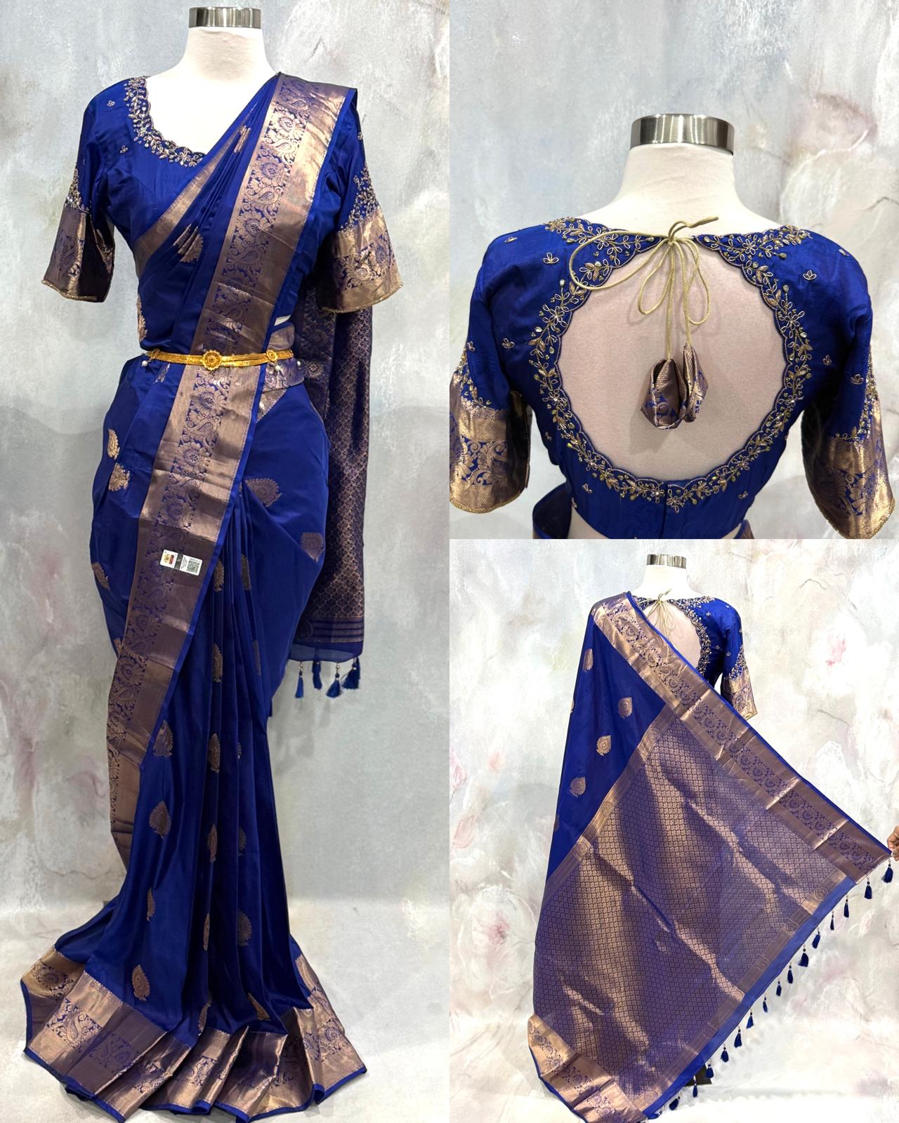 Drape yourself in timeless beauty with this stunning Royal Blue Kanjivaram Pattu Saree. Available size 40 to 45. We can alter size as needed.