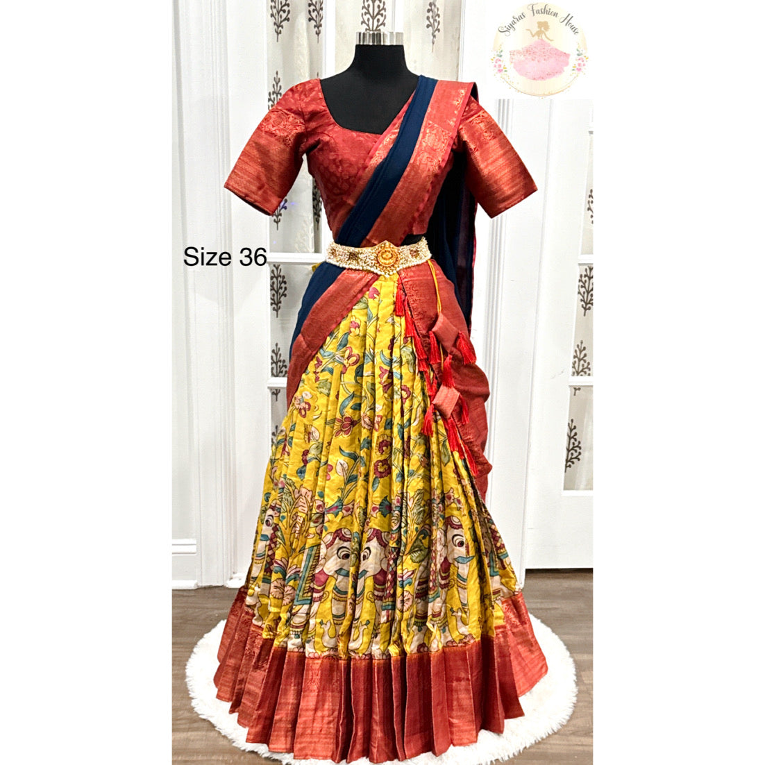 Beautiful Kalamkari Half Saree/ Langa Voni/ Lehanga for teens in Banarasi silk fabric