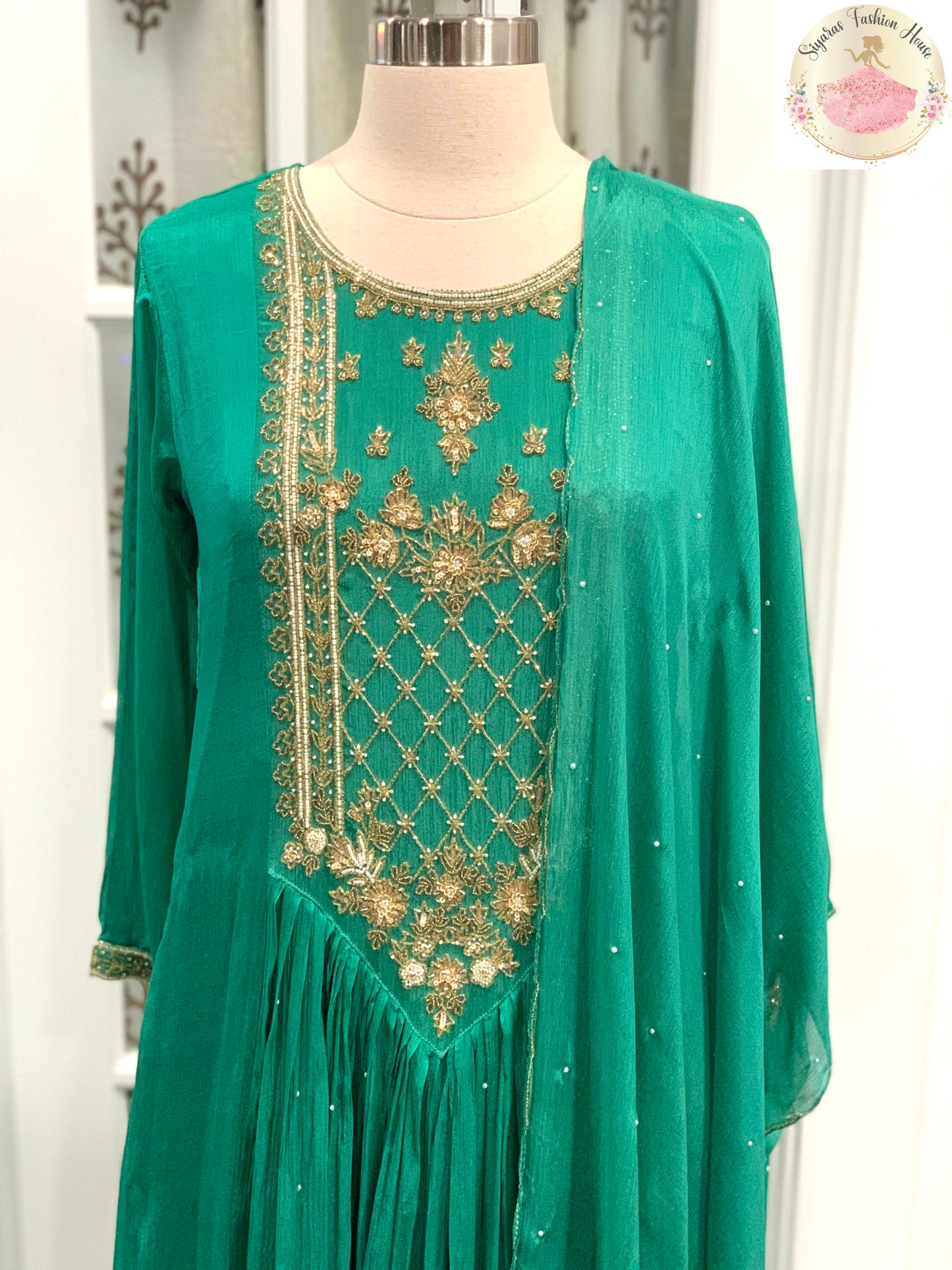 Silk Wedding Suit Set Teal Green 3 Pc Set Large 40 with Aari work