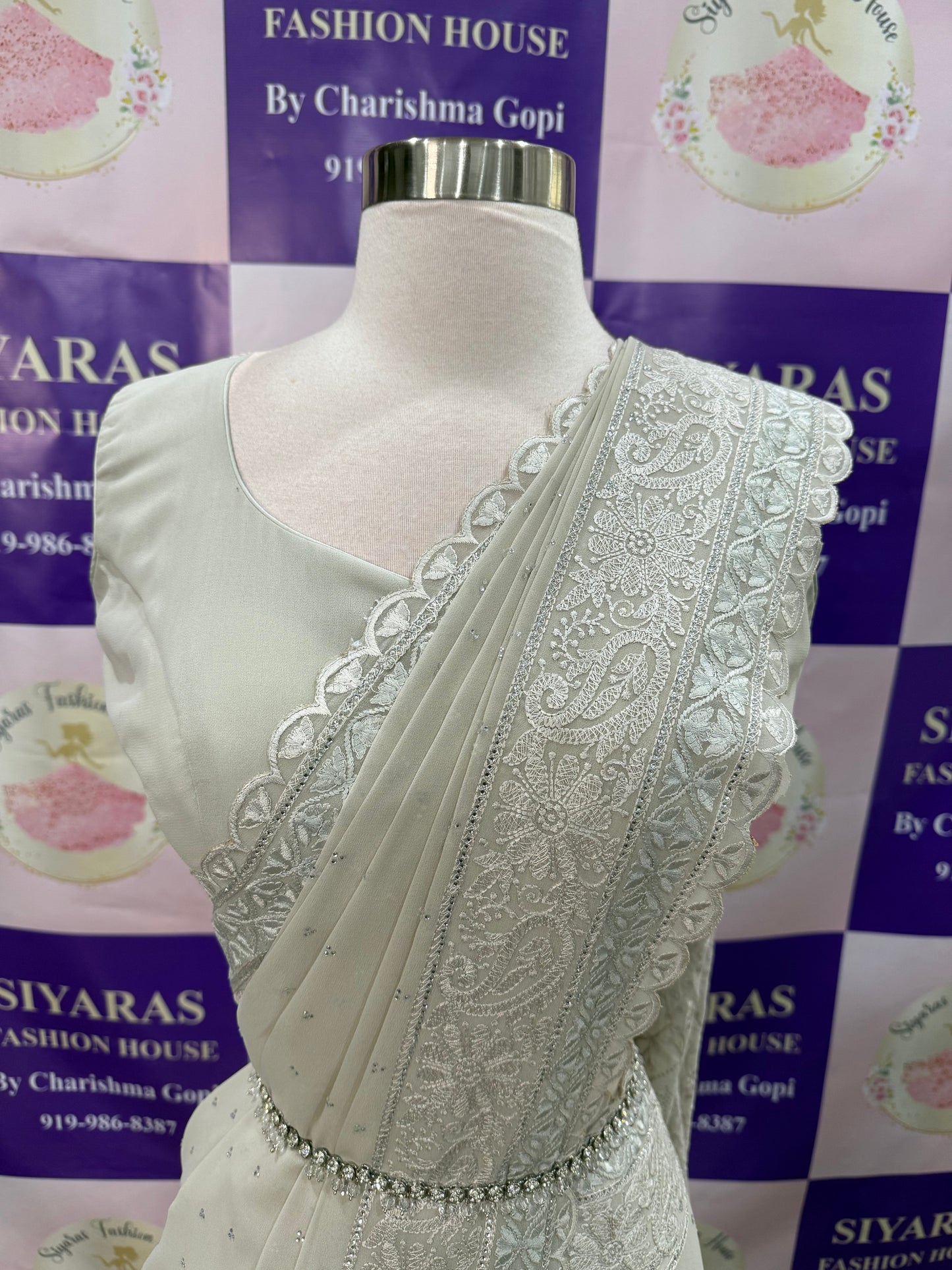 Gorgeous Partywear Georgette Saree with Stitched blouse size 36 thread work and stone work