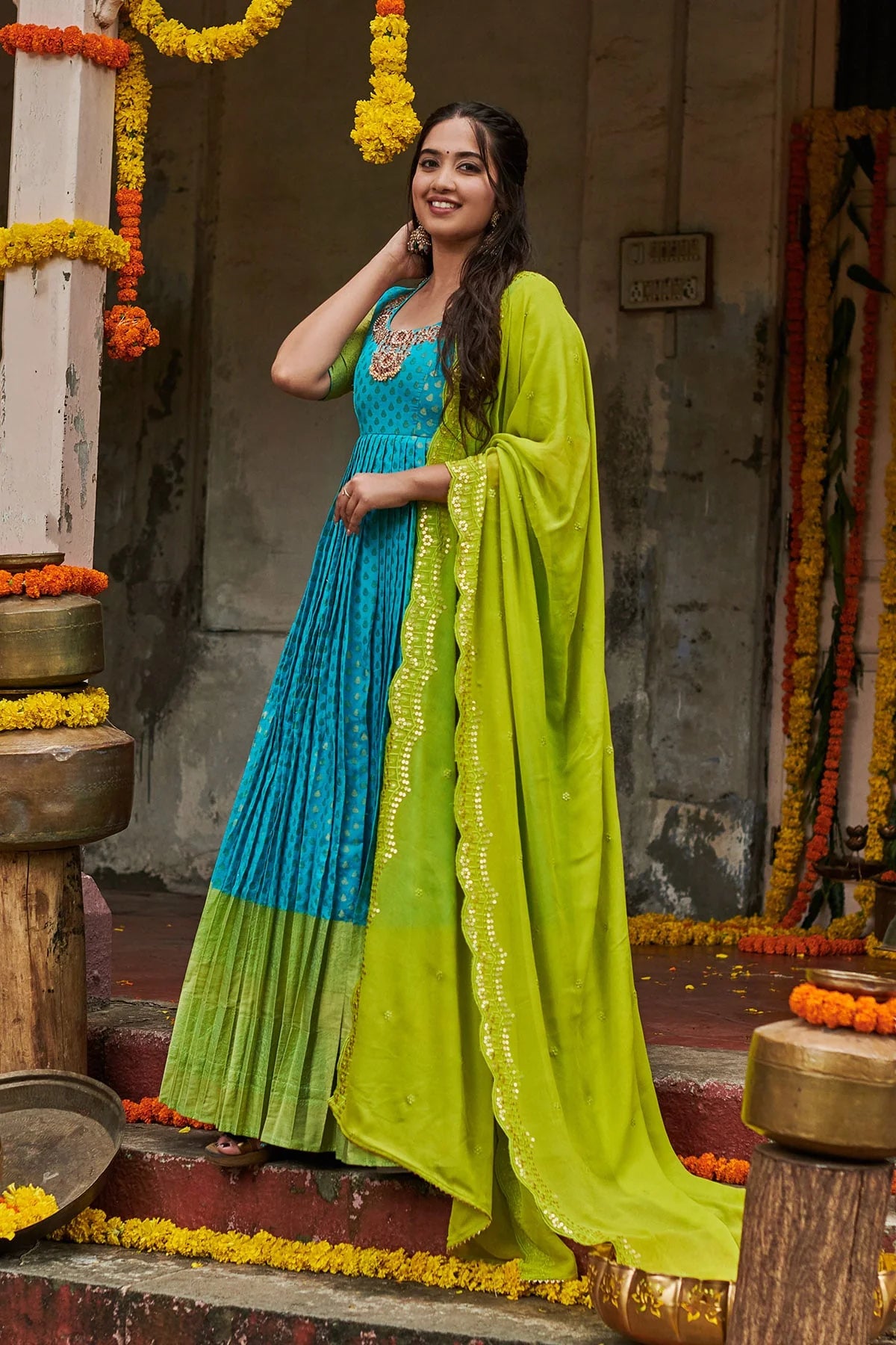 Gorgeous Sea blue and lime green Banarasi dress with necklace style ha siyarasfashionhouse