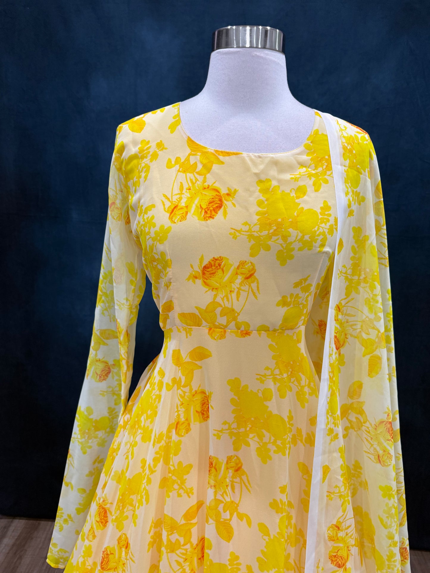 On Sale Beautiful yellow Anarkali long gown  with chudi hands haldi floral with matching dupatta size XL 42 length 58 ready to ship USA