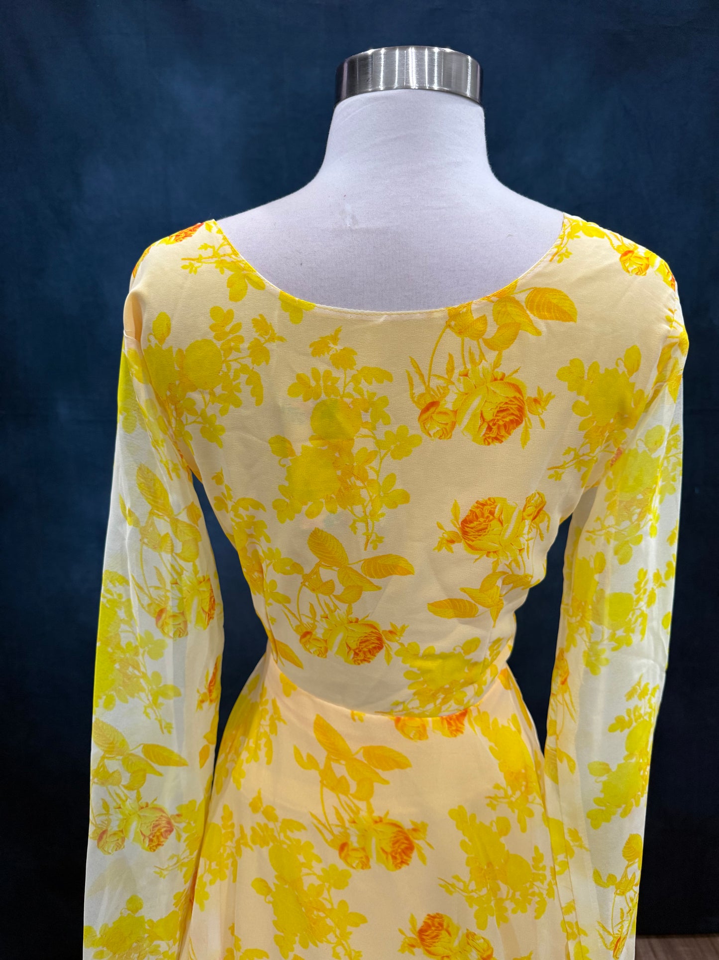 On Sale Beautiful yellow Anarkali long gown  with chudi hands haldi floral with matching dupatta size XL 42 length 58 ready to ship USA