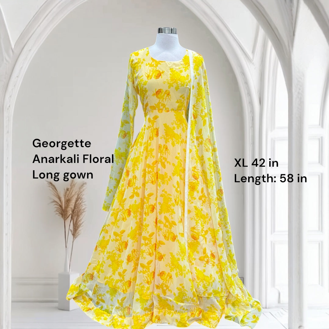 On Sale Beautiful yellow Anarkali long gown  with chudi hands haldi floral with matching dupatta size XL 42 length 58 ready to ship USA