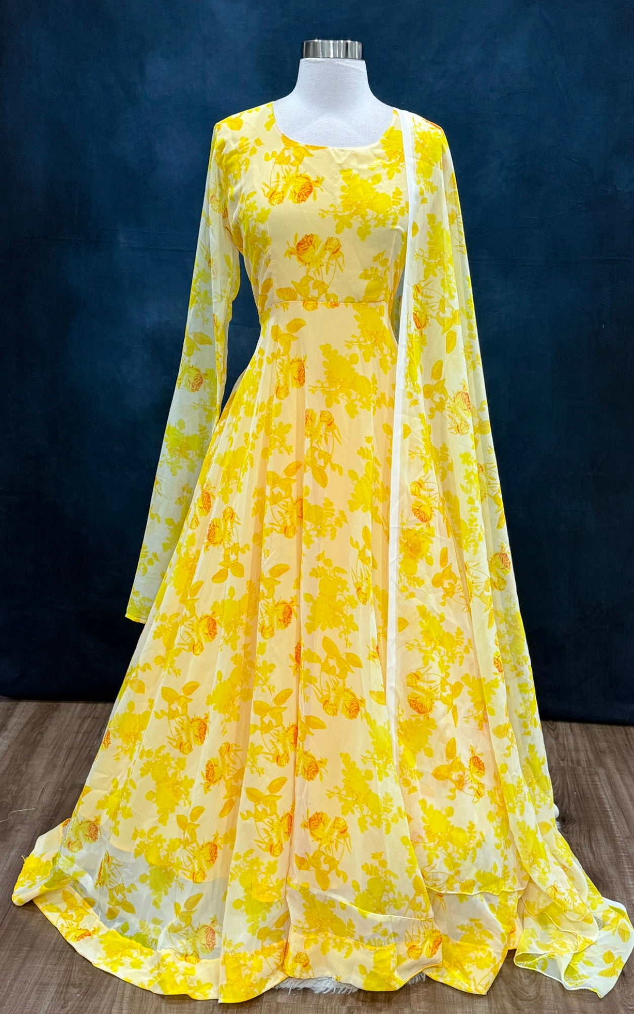 On Sale Beautiful yellow Anarkali long gown  with chudi hands haldi floral with matching dupatta size XL 42 length 58 ready to ship USA