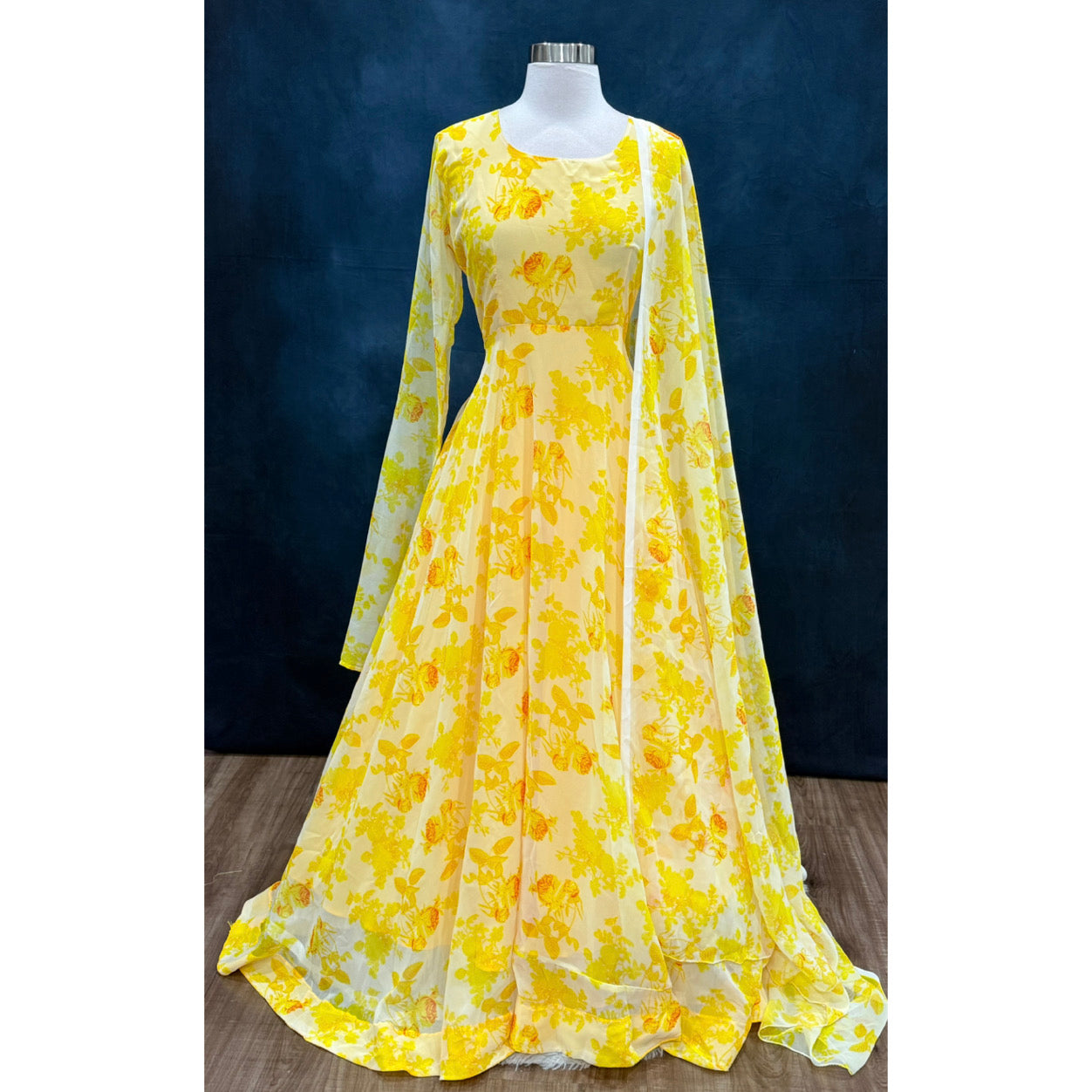 On Sale Beautiful yellow Anarkali long gown  with chudi hands haldi floral with matching dupatta size XL 42 length 58 ready to ship USA