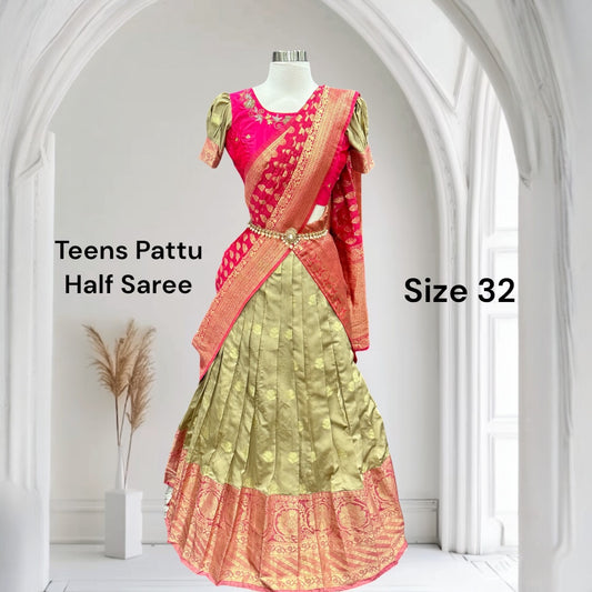 Teens Pattu Maggam work langa voni or Lehanga Pattu pavada  in gold and pink hues with Banarasi dupatta ready to ship USA size 32