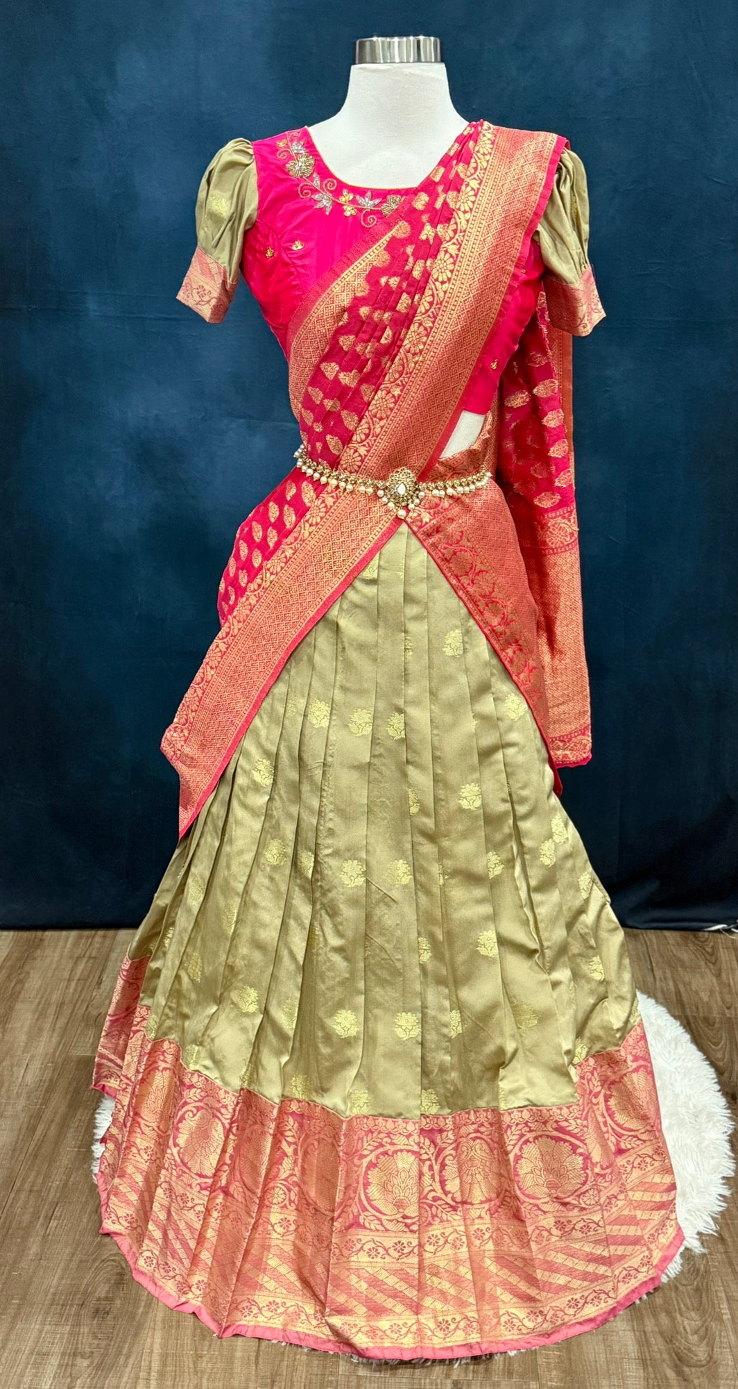 Teens Pattu Maggam work langa voni or Lehanga Pattu pavada  in gold and pink hues with Banarasi dupatta ready to ship USA size 32