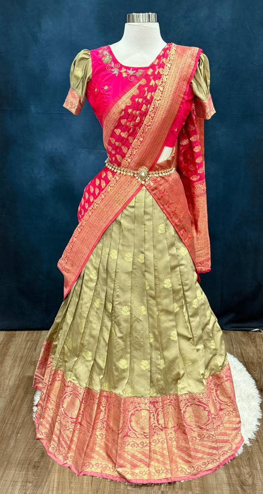 Teens Pattu Maggam work langa voni or Lehanga Pattu pavada  in gold and pink hues with Banarasi dupatta ready to ship USA size 32