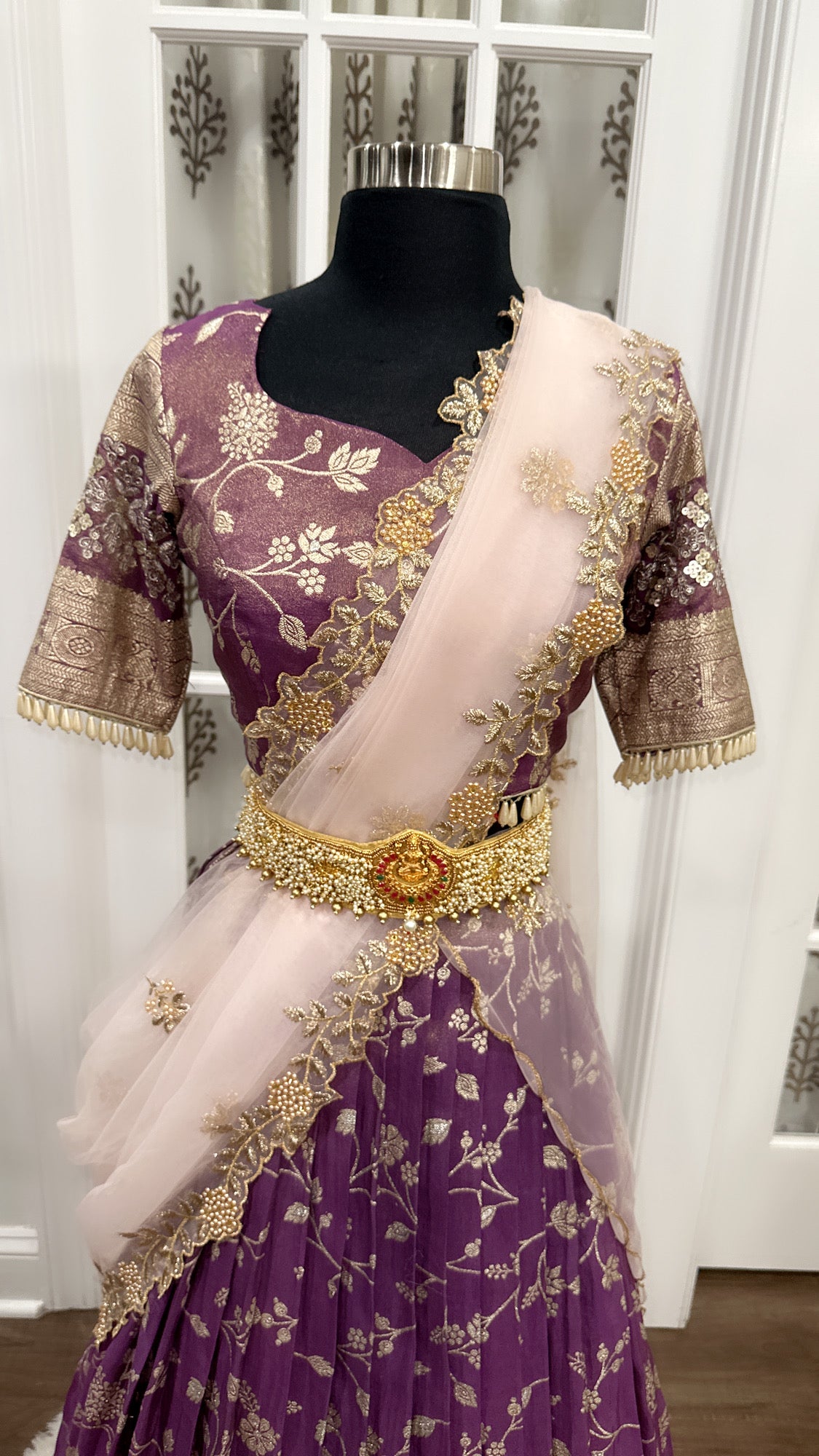 Tissue Half saree in elegant deep purple color with vibrant dupatta with hand embellishment stitched blouse  size 38