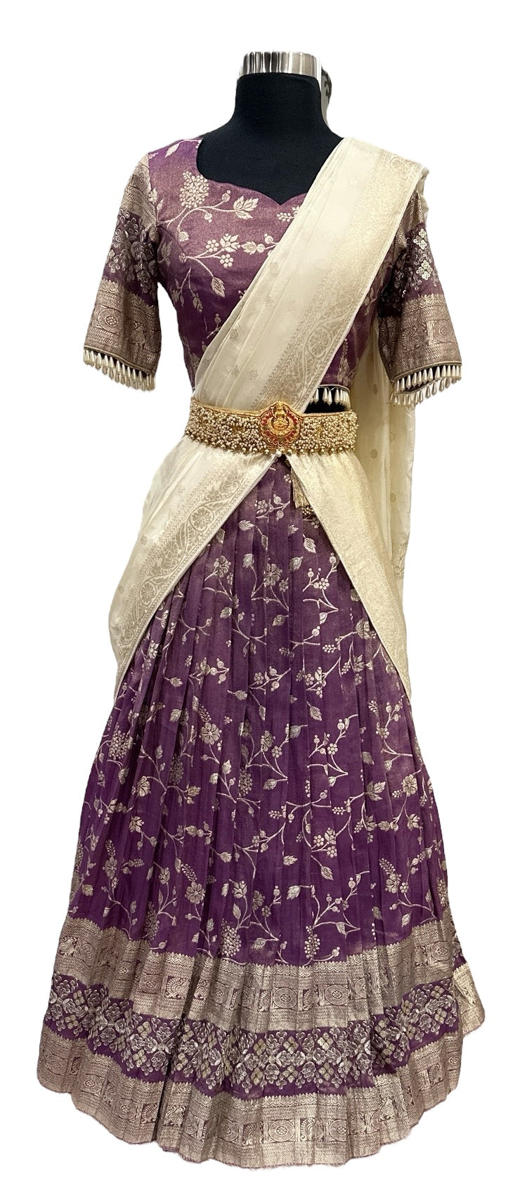 Tissue Half saree in elegant deep purple color with vibrant dupatta with hand embellishment stitched blouse  size 38