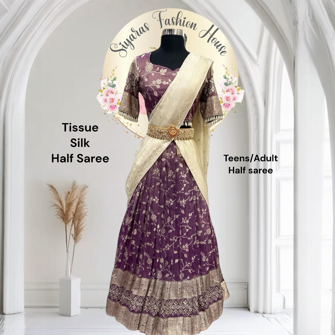 Tissue Half saree in elegant deep purple color with vibrant dupatta with hand embellishment stitched blouse  size 38