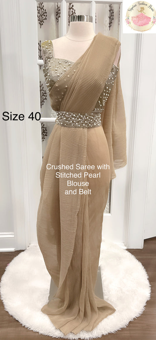 Chic light taupe Crushed saree with Pearl embellished stitched work Blouse sleeveless with Belt , One min Saree Bollywood Partywear saree