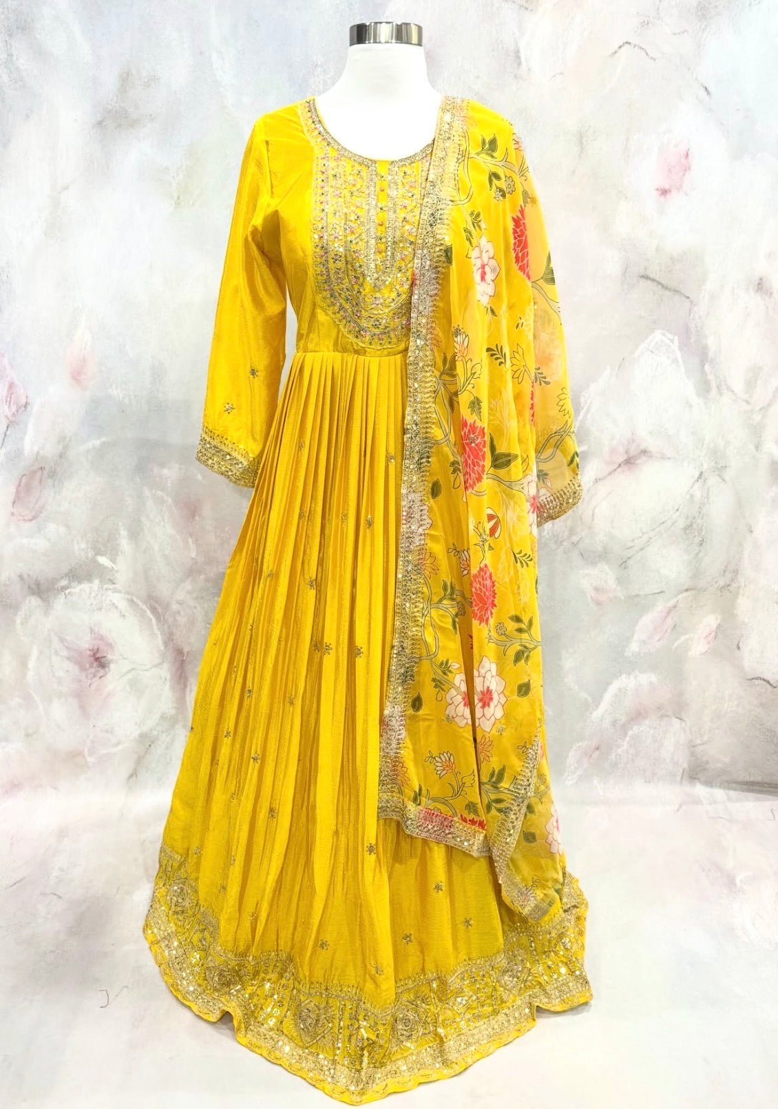 💛✨ Celebrate Diwali in Timeless Elegance! ✨💛🌼 Introducing our gorgeous  Yellow Anarkali Floor-Length Gown from the Diwali Partywear Collection 🪔💖💫 Beautifully embellished neckline🌟 Elegant embroidery on sleeves and hem🌺 Stunning floral dupatta