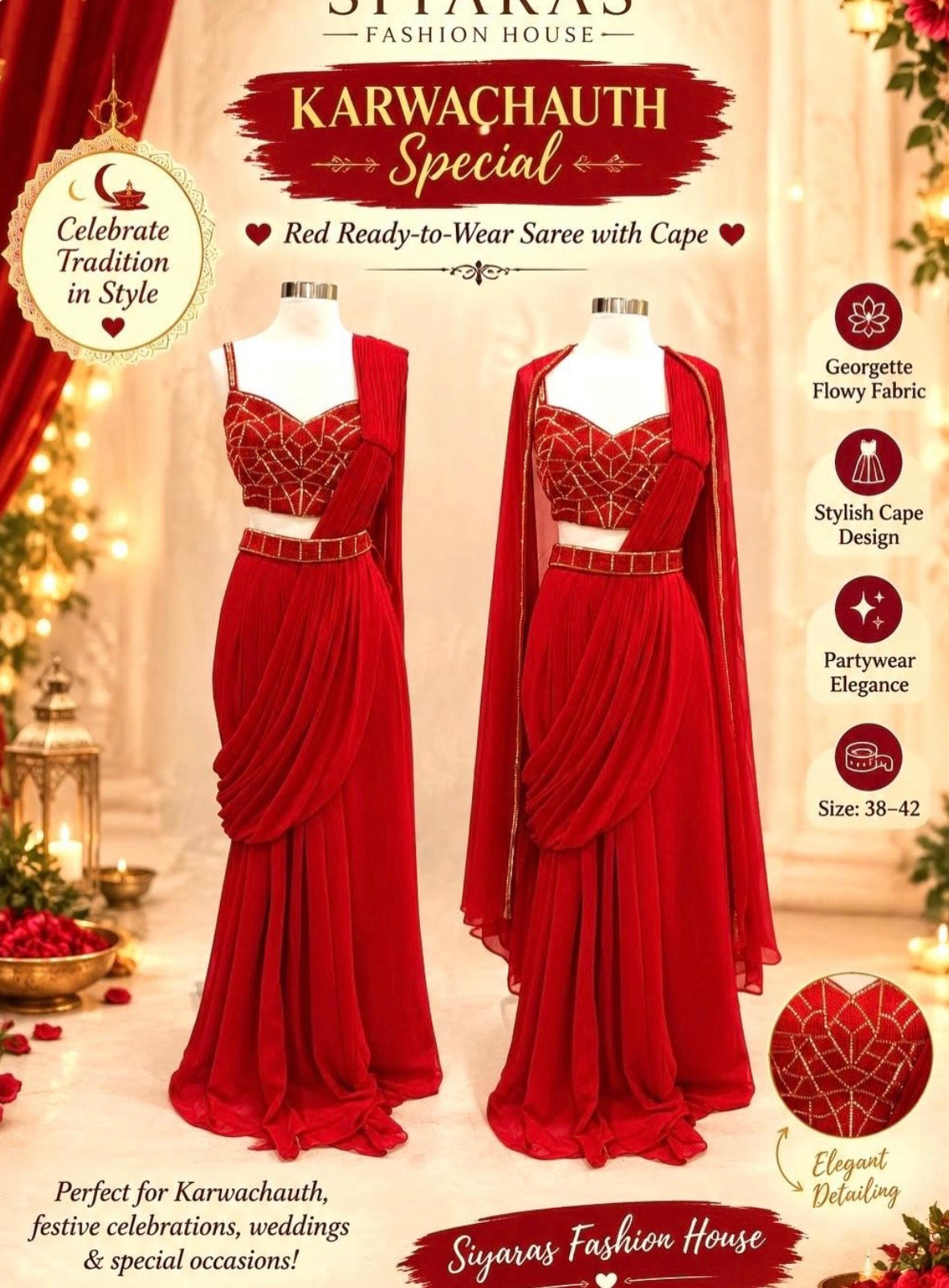 ❤️🌙 KARWA CHAUTH SPECIAL COLLECTION 🌙❤️✨ Turn heads in our gorgeous Red Ready-to-Wear Saree with Cape! ❤️💃