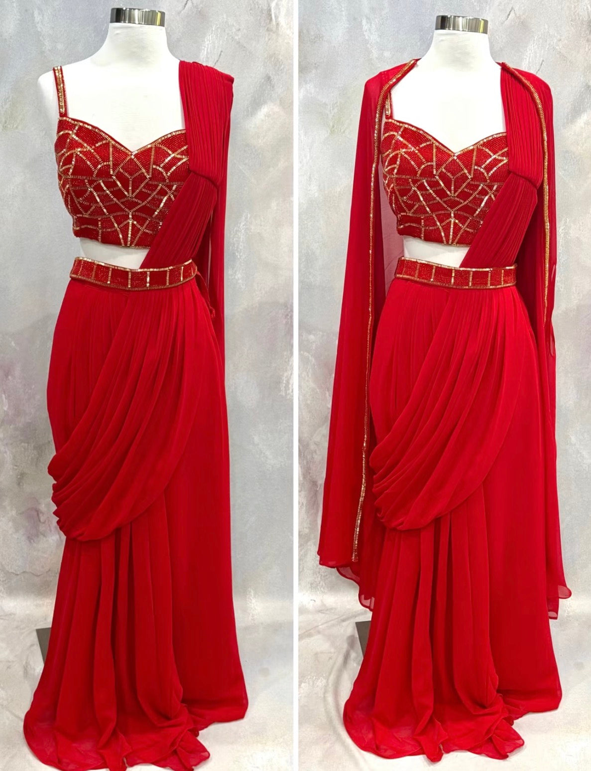 ❤️🌙 KARWA CHAUTH SPECIAL COLLECTION 🌙❤️✨ Turn heads in our gorgeous Red Ready-to-Wear Saree with Cape! ❤️💃