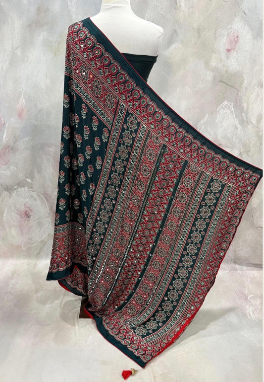Gorgeous Ajrakh Silk Sarees with Mirror Work  Deep Teal Green  saree only. Blouse piece unstitched. We offer  stitching services extra cost