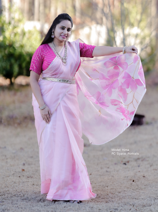 Beautiful Pink Organza Floral Print saree with Stylish pattern matching blouse