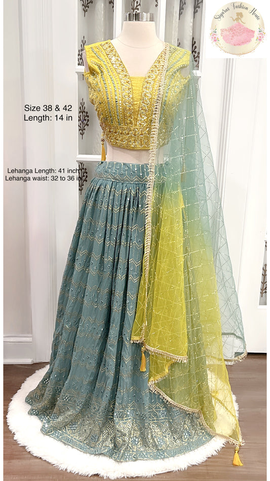 Gorgeous Georgette Sequin Lehenga in Yellow and Moss Green - Size 38 and Size 42 Partwear lehanga Bollywood stylish lehanga ready to shipUSA