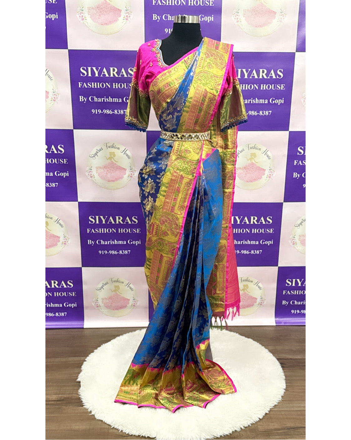 Traditional Kanchi Pattu Saree with Rich Pallu and Heavy Maggam Work Designer Blouse in Blue and Pink combo Wedding Partywear saree